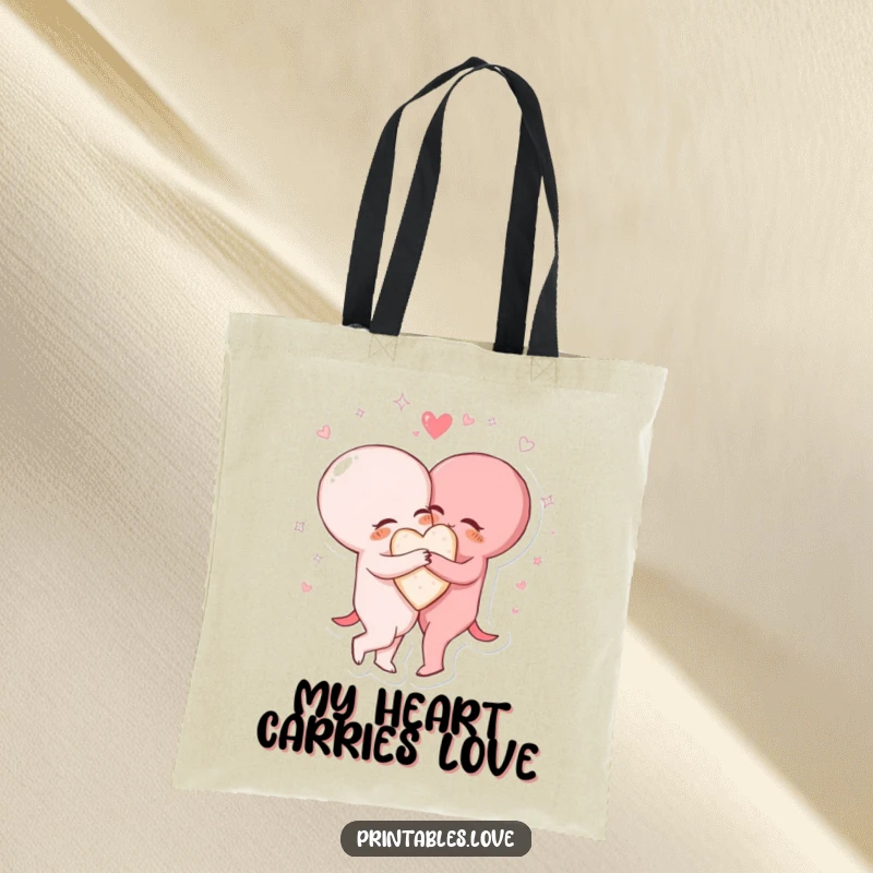 Funny tote bag illustrating two heart characters tightly hugging, enveloped by dazzling sparkling and swirling lines of affection.