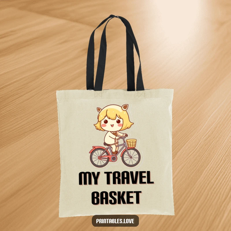 Funny tote bag with a cheerful Kawaii character riding a bicycle with a basket, perfect for carrying items happily.